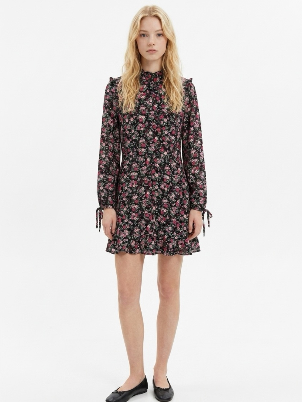 H&M Black Long-Sleeve Mini Dress with Pink Floral Pattern